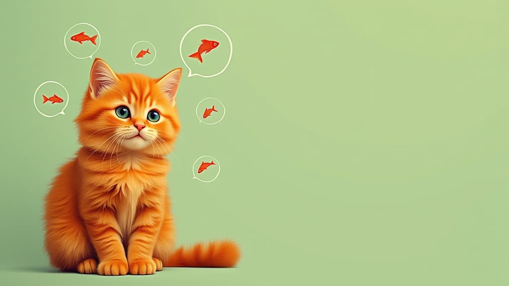  fluffy red cat , sitting on right side, (left side is empty for text), smiling cat looking at camera, drawn circles with fishes inside circles flying around cat head, green pastel solid background ar 16:9 {prompt}, maximum details