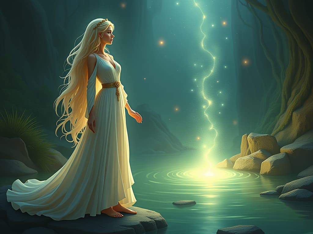  luminescent oracle with serene expression, standing beside a celestial spring, glowing script floating in the air, aura of profound wisdom. the style is digital art illustration,highly detailed, whimsical,magical, dreamlike atmosphere, realism and fantasy blend, smooth, glossy textures,luminous quality, wonder and enchantment.