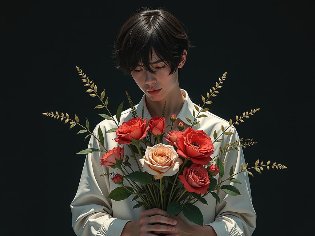  a drawing of a young man holding a bunch of flowers, cinematic lain fractal lain, instagram art, short hair cut, grieving, baki, necrosis, manga comic, analogic photograph, dead plants, black walls, guilty crown, at instagram, with a bob cut, botany, concept art of single boy hyperrealistic, full body, detailed clothing, highly detailed, cinematic lighting, stunningly beautiful, intricate, sharp focus, f/1. 8, 85mm, (centered image composition), (professionally color graded), ((bright soft diffused light)), volumetric fog, trending on instagram, trending on tumblr, HDR 4K, 8K