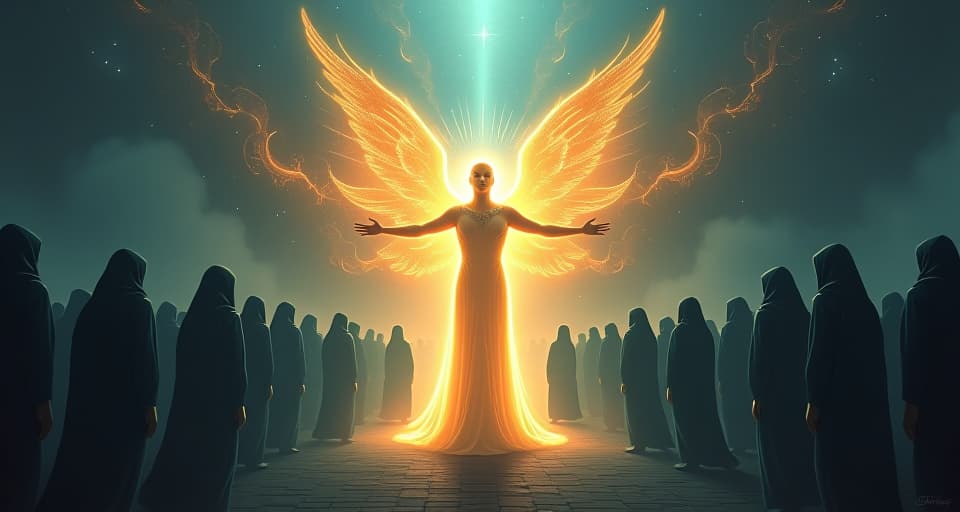  a radiant celestial being confronting a crowd of shadowy figures, their presence forcing the figures to confront the truths they've long avoided.. the style is digital art illustration,highly detailed, whimsical,magical, dreamlike atmosphere, realism and fantasy blend, smooth, glossy textures,luminous quality, wonder and enchantment.