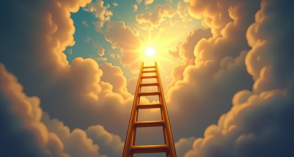  golden ladder reaching up towards a radiant sky, mystical atmosphere, angelic presence. the style is digital art illustration,highly detailed, whimsical,magical, dreamlike atmosphere, realism and fantasy blend, smooth, glossy textures,luminous quality, wonder and enchantment.