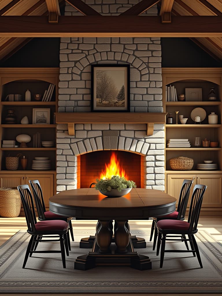  high quality portrait photo of a cozy farmhouse dining area with a dramatic floor to ceiling stone fireplace as the focal point, flanked by built in shelving, viewed from a slight angle to show depth hyperrealistic, full body, detailed clothing, highly detailed, cinematic lighting, stunningly beautiful, intricate, sharp focus, f/1. 8, 85mm, (centered image composition), (professionally color graded), ((bright soft diffused light)), volumetric fog, trending on instagram, trending on tumblr, HDR 4K, 8K