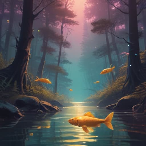 Golden fish swim in the forest, old classic painting, vaporwave poster, flat art, 2d, digital art, neon, tron, artstation, 70's, retro, high quality