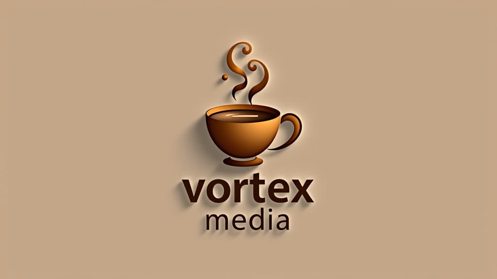  design a logo, in a threedrender style. logo of a coffee cup, brown gradient colors, white background, with the text 'vortex media'.