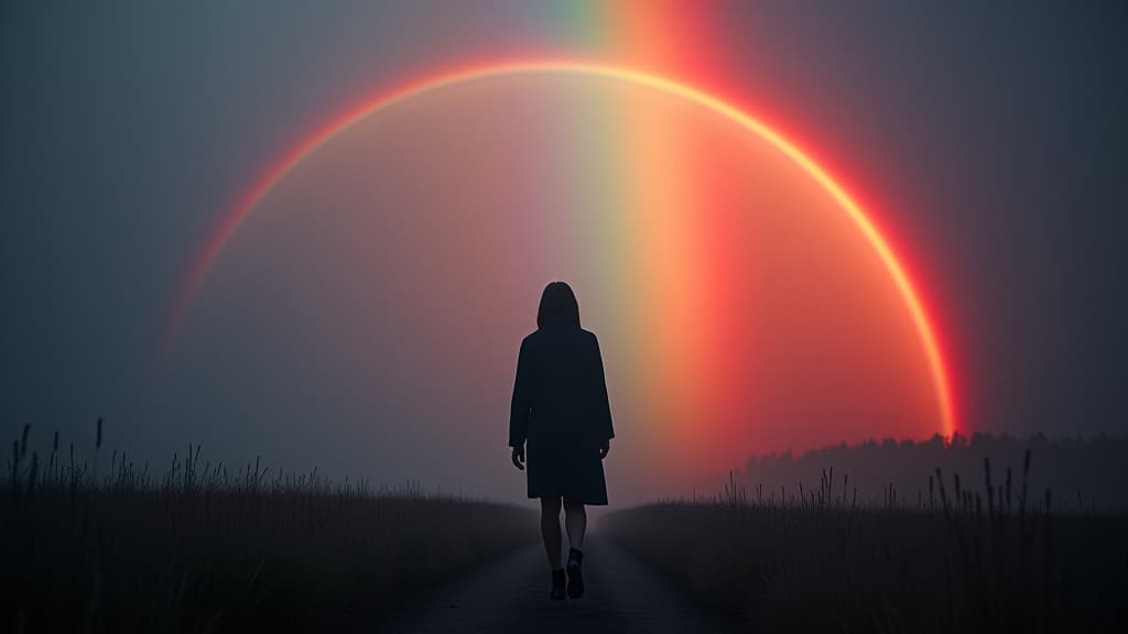  images about horror stories, a representation of peace as a rainbow emerges after a stormy day. hyperrealistic, full body, detailed clothing, highly detailed, cinematic lighting, stunningly beautiful, intricate, sharp focus, f/1. 8, 85mm, (centered image composition), (professionally color graded), ((bright soft diffused light)), volumetric fog, trending on instagram, trending on tumblr, HDR 4K, 8K