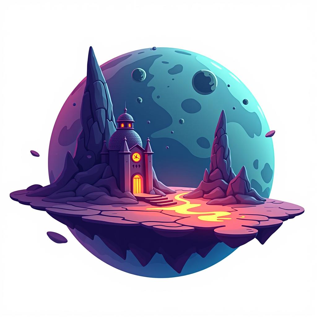  white background. left side: a simple vector graphic showing a hyper realistic alien planet's front view, featuring mysterious structures, bioluminescent patches, and sections of the planet split into floating fragments with glowing edges. unique architectural forms, and floating planetary fragments. elements adding a dynamic, otherworldly feel. cartoon and disney style.