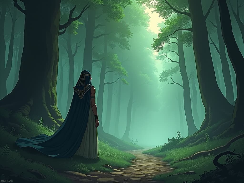  a tranquil forest scene, dense trees and greenery, a soft mist hanging in the air, symbolizing wholeness and tranquility. the style is digital art illustration / modern comic book / mysterious occult, symbolic, esoteric vibe,high detail on character design, incorporating ancient egyptian symbology and attire.