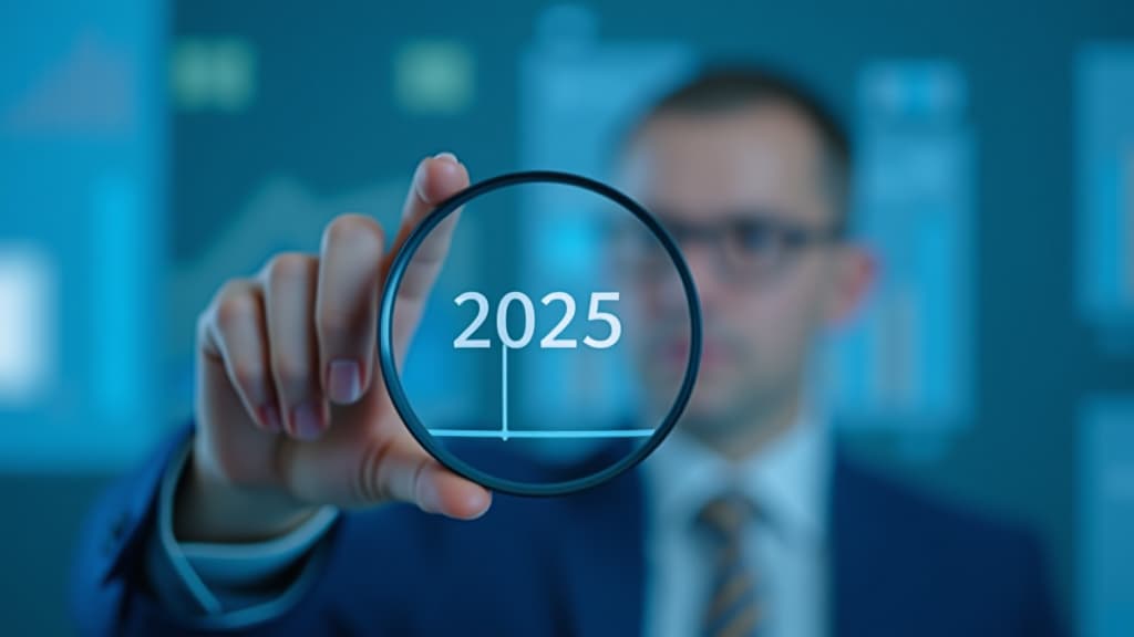  businessman analyzing 2025 trends with magnifying glass on blue background