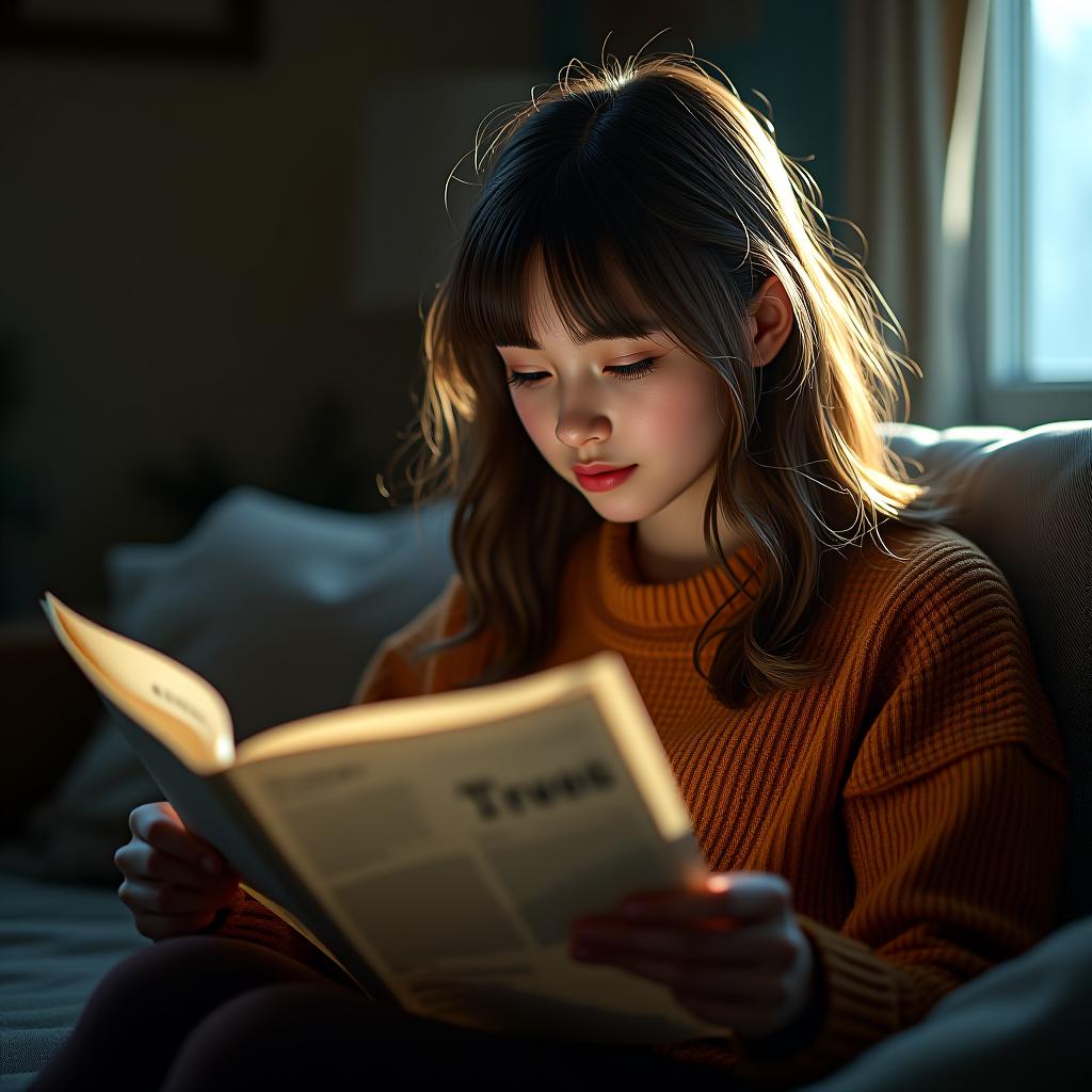  18 year girl studying newspaper, full had image , 8k hyperrealistic, full body, detailed clothing, highly detailed, cinematic lighting, stunningly beautiful, intricate, sharp focus, f/1. 8, 85mm, (centered image composition), (professionally color graded), ((bright soft diffused light)), volumetric fog, trending on instagram, trending on tumblr, HDR 4K, 8K