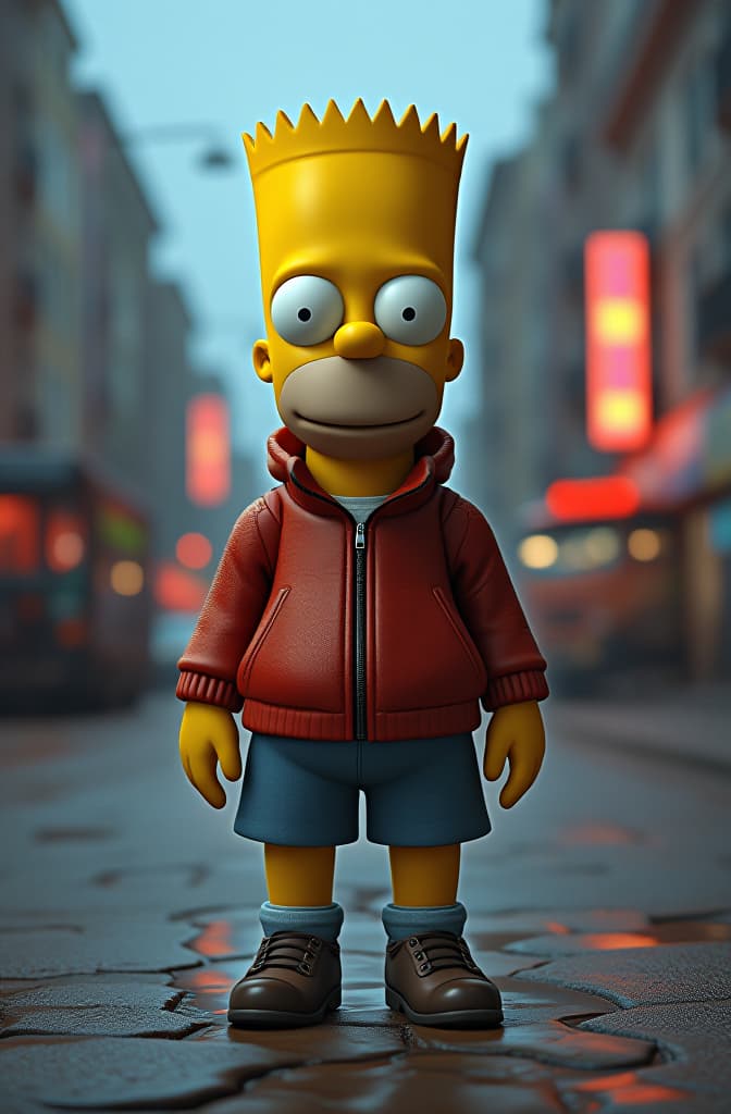  bart simpsons hyperrealistic, full body, detailed clothing, highly detailed, cinematic lighting, stunningly beautiful, intricate, sharp focus, f/1. 8, 85mm, (centered image composition), (professionally color graded), ((bright soft diffused light)), volumetric fog, trending on instagram, trending on tumblr, HDR 4K, 8K