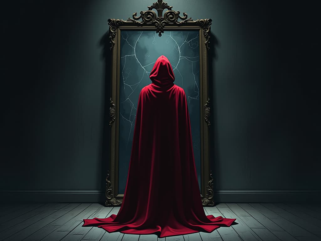  figure in red cloak, standing in front of old, cracked mirror, room filled with shadows, air of confrontation with self. the style is digital art illustration / modern comic book / graphic dark novel fantasy and mysterious occult, symbolic, moody lighting, esoteric vibe,high detail on character design. for the color scheme emphasize blacks and reds.