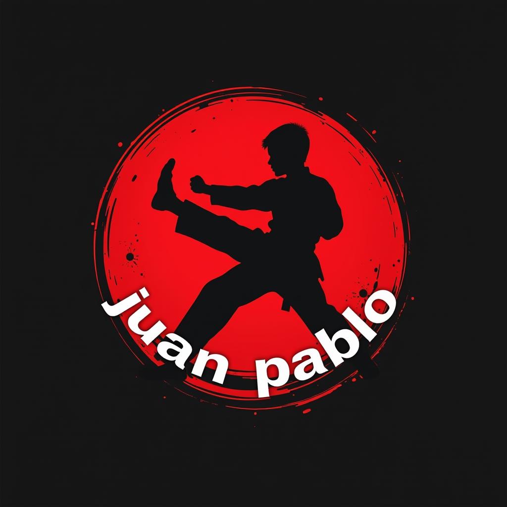  design a logo, in a minimalism style. logotipo de emblema, con el texto escrito ‘juan pablo”’, tema de tae kwon do , negro blanco y rojo, incluye silueta de joven combatiendo en tae kwon do