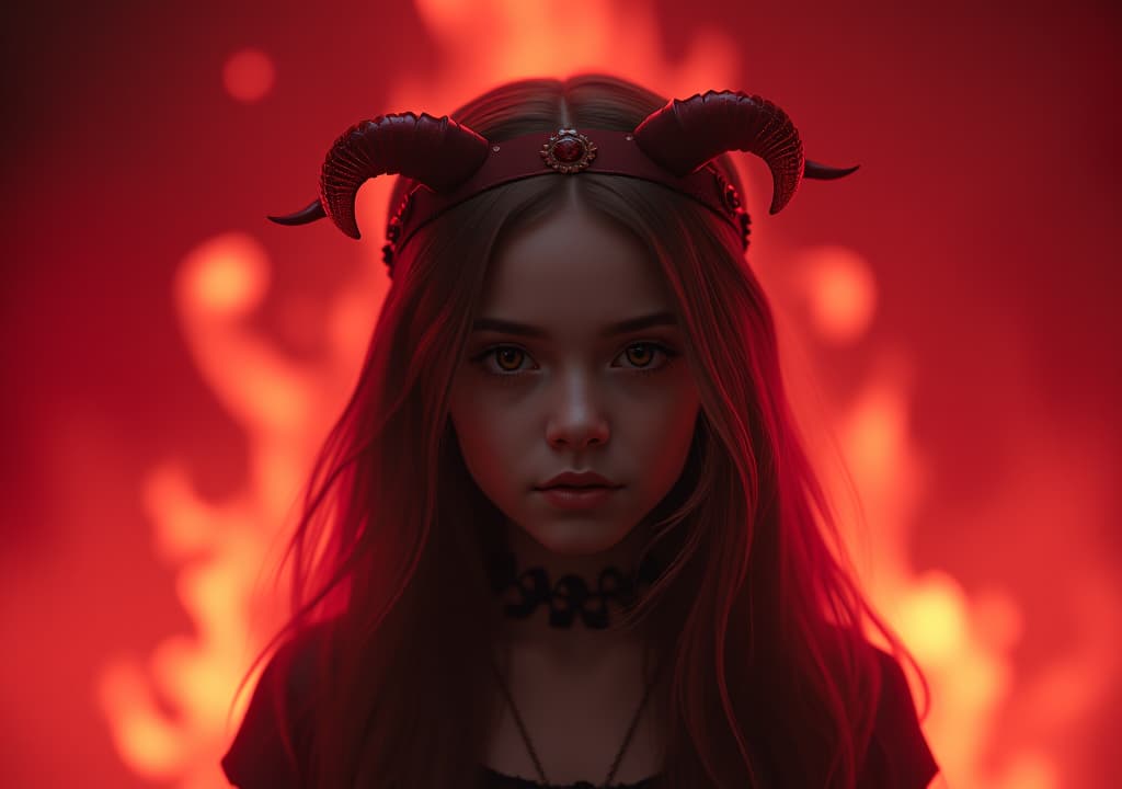  detailed shot of a girl wearing a devil horns headband, standing in a fiery background, vibrant red tones, sharp focus, high quality, high details, hd, perfect composition, 4k epic detailed, highly detailed, sharp focus, high resolution