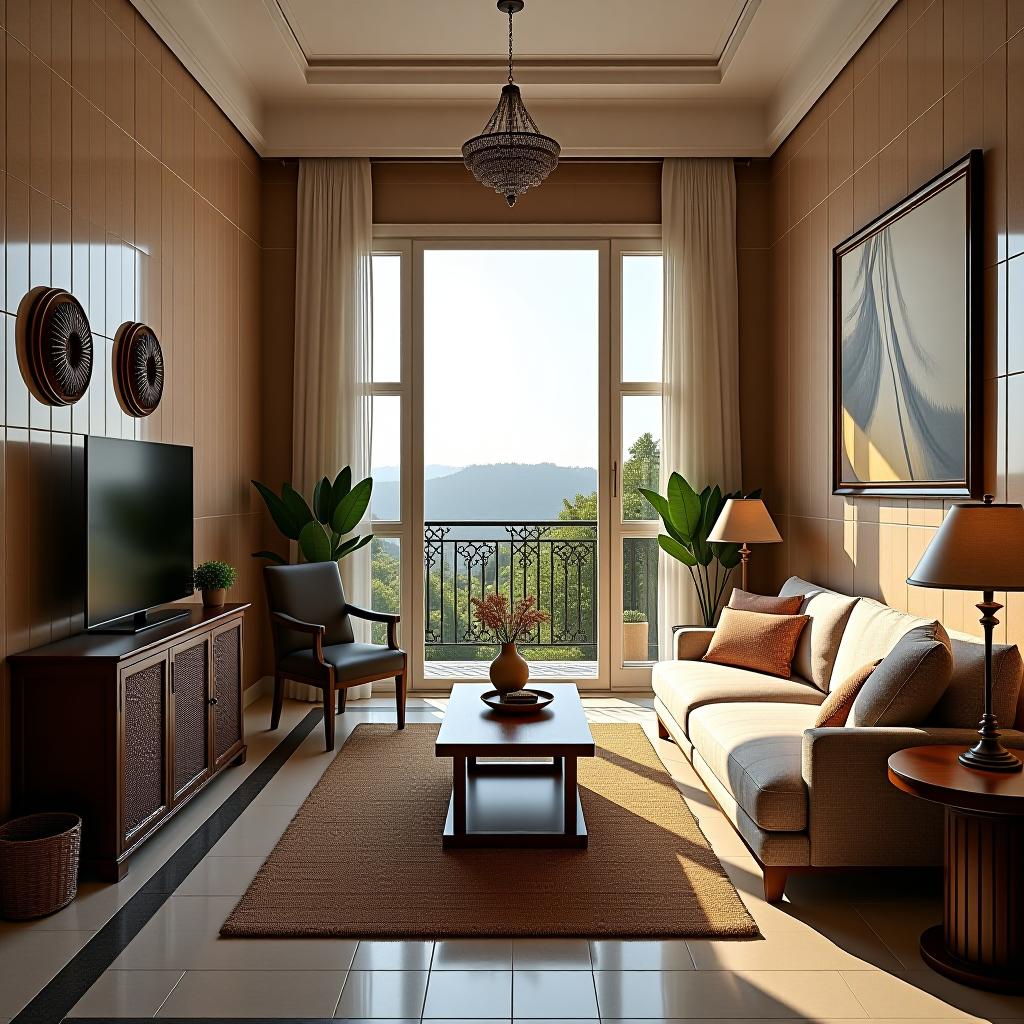  this photograph is an unedited 8k image featuring a medium sized balcony room with tiled walls. it showcases a dense arrangement of furnishings and decorations, captured in bright, soft, diffused light. the image is characterized by its hyperrealistic, highly detailed quality with intricate details, presenting a stunningly beautiful view. it has been shot in raw, with hdr techniques applied, maintaining a sharp focus and symmetrical balance in frame. the image's exceptional clarity and professional color grading enhance its overall visual appeal.