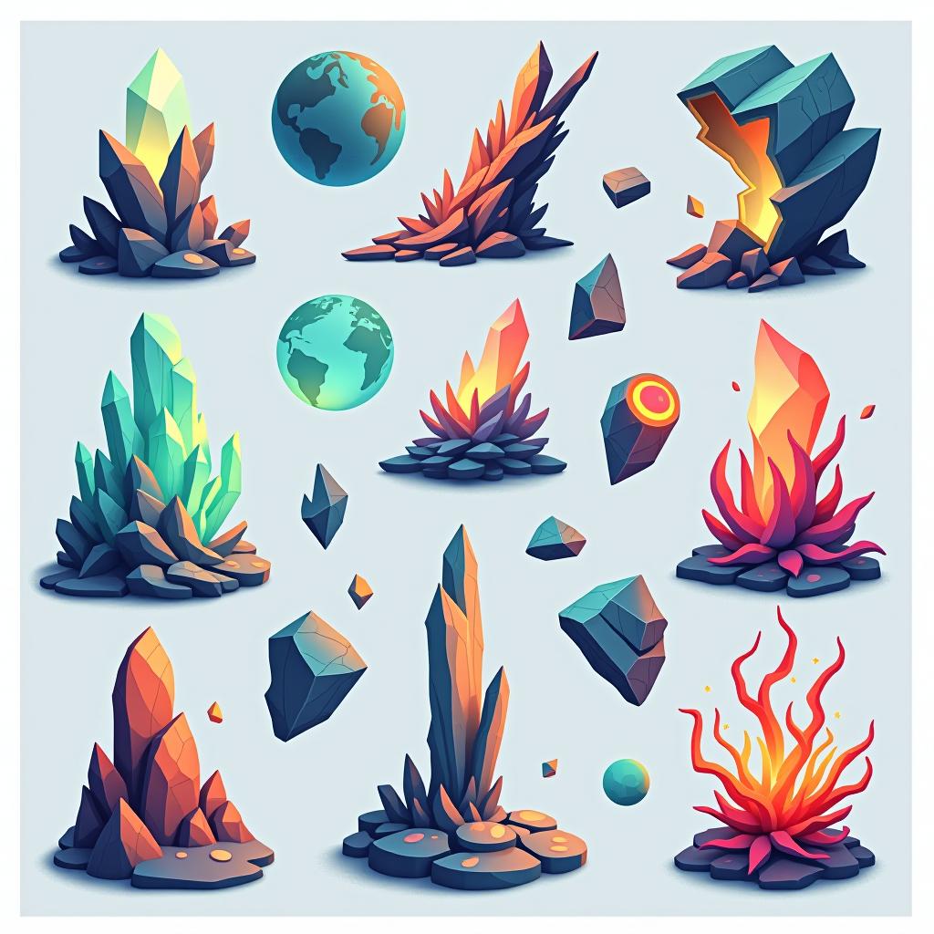  white background. a collection of assets and materials derived from a hyper realistic alien planet, featuring bioluminescent crystals, glowing organic matter, and fragments of unique architectural structures. each asset should reflect the same fantasy elements as the planet, with floating pieces, glowing edges, and a consistent color palette. include items like glowing rocks, mysterious plant life, and fragments of the planet's structures, all in a cartoon and disney style.