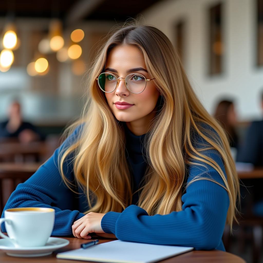  make an image of a woman with long honey blonde hair and gold rimmed glasses studying at a coffee shop wearing blue