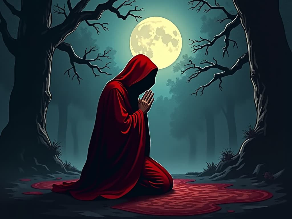  red robed figure on bended knee, hands clasped in pleading gesture, illuminated by soft moonlight, backdrop of twilight forest, aura of contrition. the style is digital art illustration / modern comic book / graphic dark novel fantasy and mysterious occult, symbolic, moody lighting, esoteric vibe,high detail on character design. for the color scheme emphasize blacks and reds.