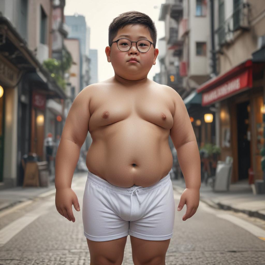 ((masterpiece)), (((best quality))), 8k, high detailed, ultra detailed, A 10 year old chubby boy from Japan wearing only white child bvd briefs, with circle glasses, standing on a street hyperrealistic, full body, detailed clothing, highly detailed, cinematic lighting, stunningly beautiful, intricate, sharp focus, f/1. 8, 85mm, (centered image composition), (professionally color graded), ((bright soft diffused light)), volumetric fog, trending on instagram, trending on tumblr, HDR 4K, 8K