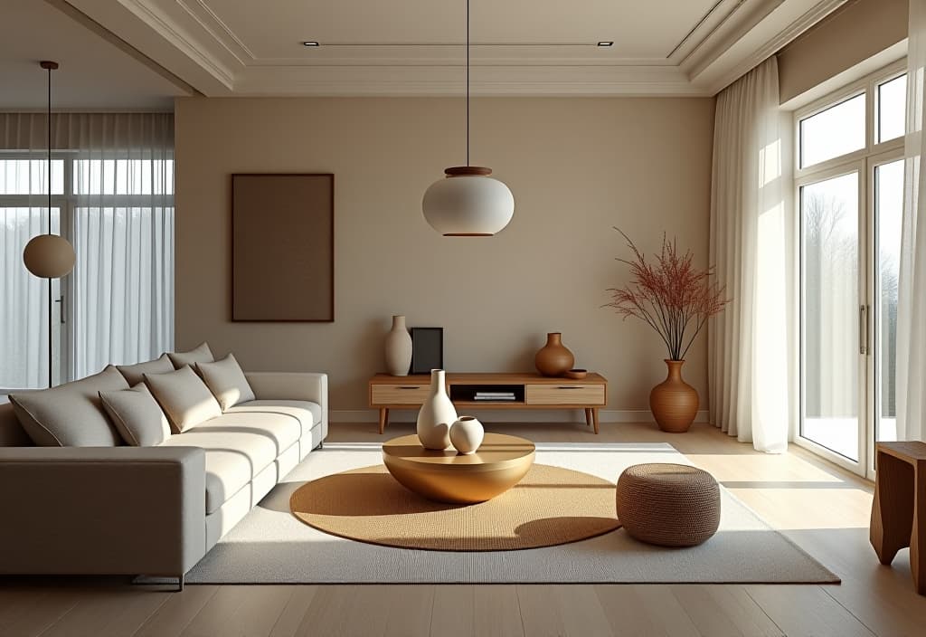  a landscape photo of a serene living room with a neutral color palette, featuring layered area rugs, a collection of ceramic vases, and a statement pendant light, captured from a bird's eye view hyperrealistic, full body, detailed clothing, highly detailed, cinematic lighting, stunningly beautiful, intricate, sharp focus, f/1. 8, 85mm, (centered image composition), (professionally color graded), ((bright soft diffused light)), volumetric fog, trending on instagram, trending on tumblr, HDR 4K, 8K