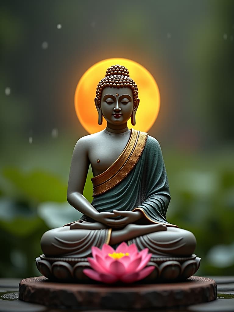  buddha statue, peaceful garden, rain falling, lotus flowers, meditation pose, golden aura, traditional attire, serene expression, surrealistic fantasy art, art station, golden ratio, hdr lighting, extreme close up, ee 70mm lens, front view, highly detailed, best quality, 4k, raw photo, award winning, professional, highly detailed, masterpiece