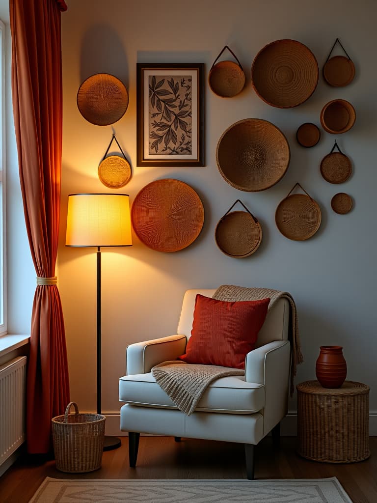  high quality portrait photo of a cozy reading nook in a living room corner, featuring a gallery wall of various sized woven baskets, a comfortable armchair, and a warm floor lamp hyperrealistic, full body, detailed clothing, highly detailed, cinematic lighting, stunningly beautiful, intricate, sharp focus, f/1. 8, 85mm, (centered image composition), (professionally color graded), ((bright soft diffused light)), volumetric fog, trending on instagram, trending on tumblr, HDR 4K, 8K