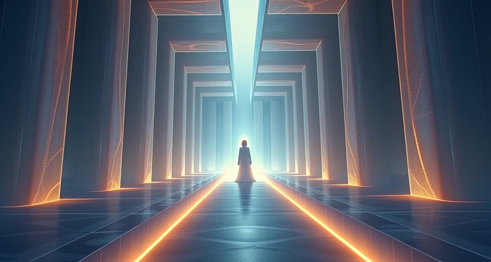  a maze like structure made of shimmering, translucent walls with an ethereal being standing at the center with glowing eyes surrounded by soft magical light.. the style is digital art illustration,highly detailed, whimsical,magical, dreamlike atmosphere, realism and fantasy blend, smooth, glossy textures,luminous quality, wonder and enchantment.