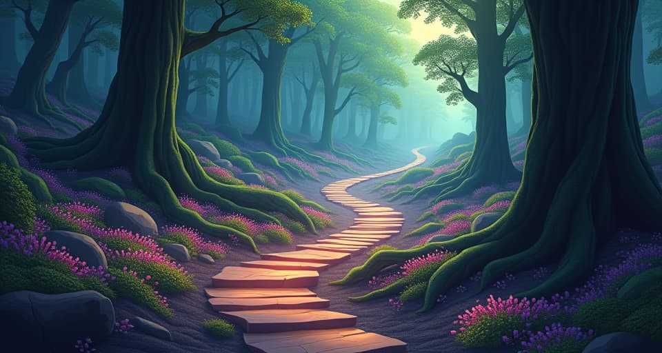  a treacherous but luminous path winding through a mystical forest. surrounded by radiant flora, the path is fraught with challenges but leading toward light, atmosphere of perseverance and ownership.. the style is digital art illustration,highly detailed, whimsical,magical, dreamlike atmosphere, realism and fantasy blend, smooth, glossy textures,luminous quality, wonder and enchantment.