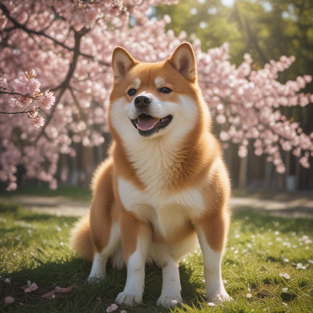 ((masterpiece)),(((best quality))), 8k, high detailed, ultra detailed,A red fur Shiba Inu, fur texture, playful expression, (falling cherry blossom petals), (sunlight filtering through the trees) hyperrealistic, full body, detailed clothing, highly detailed, cinematic lighting, stunningly beautiful, intricate, sharp focus, f/1. 8, 85mm, (centered image composition), (professionally color graded), ((bright soft diffused light)), volumetric fog, trending on instagram, trending on tumblr, HDR 4K, 8K