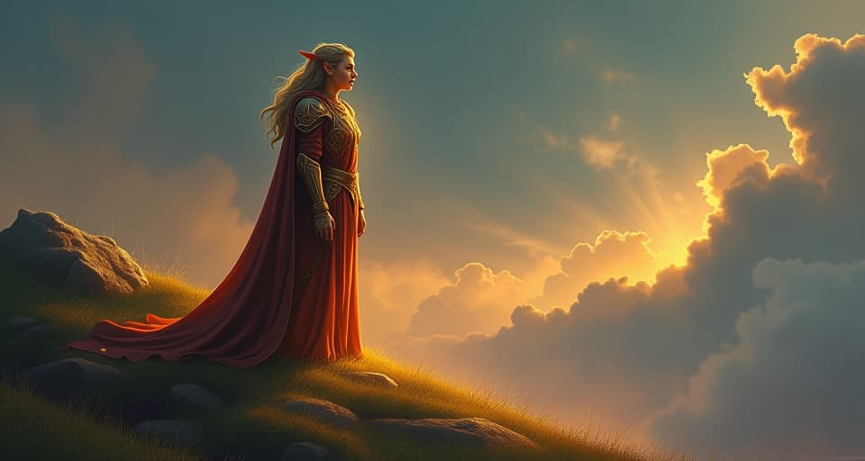  a majestic elf in intricate, luminous armor standing on a serene, glowing hill. his eyes glowing with a fiery clarity as he speaks, exuding confidence, profound illumination.. the style is digital art illustration,highly detailed, whimsical,magical, dreamlike atmosphere, realism and fantasy blend, smooth, glossy textures,luminous quality, wonder and enchantment.