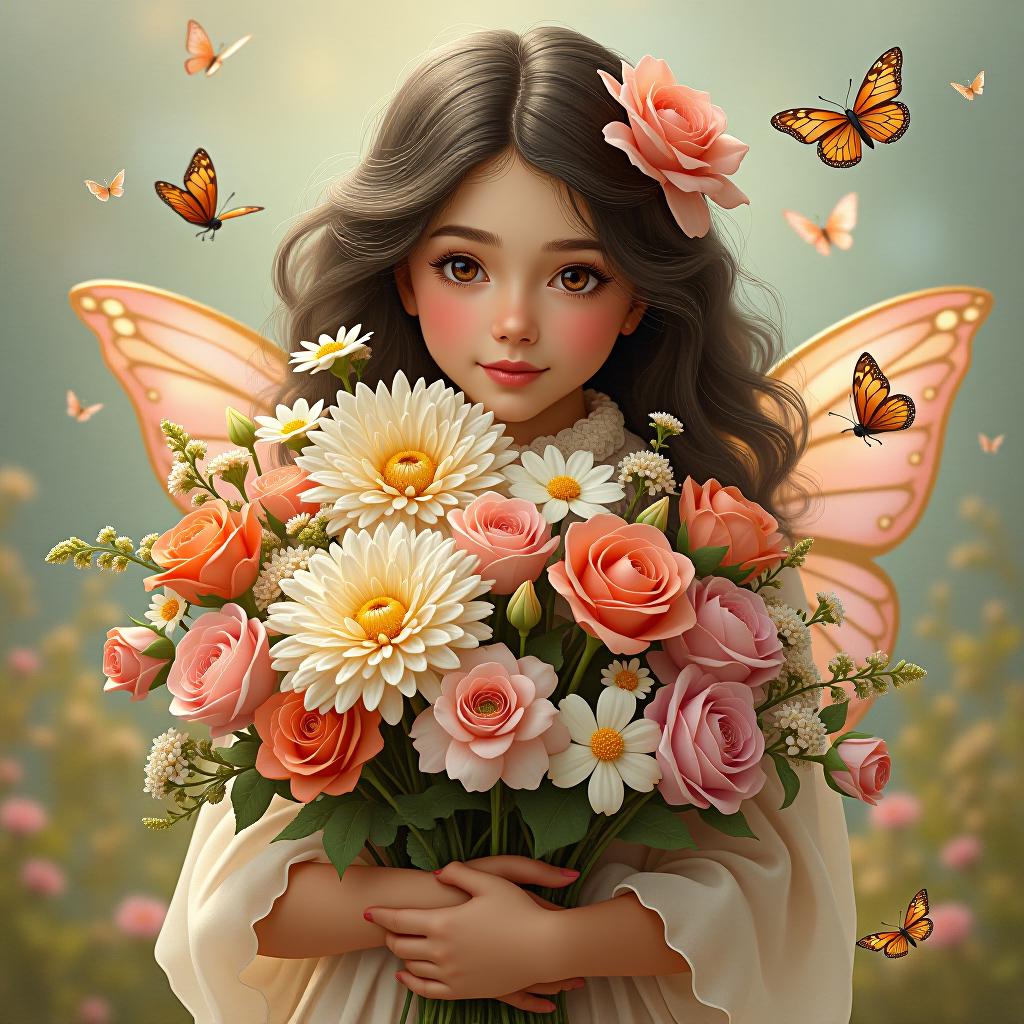  a delicate and whimsical ilration of a greeting card depicting a beautiful young with dark hair, brown eyes, holding a huge bouquet of bright flowers surrounded by erflies and fairies, soft pastel tones, intricate details reminiscent of the artistic style of alphonse mucha. perfect for any 's special day. hyperrealistic, full body, detailed clothing, highly detailed, cinematic lighting, stunningly beautiful, intricate, sharp focus, f/1. 8, 85mm, (centered image composition), (professionally color graded), ((bright soft diffused light)), volumetric fog, trending on instagram, trending on tumblr, HDR 4K, 8K