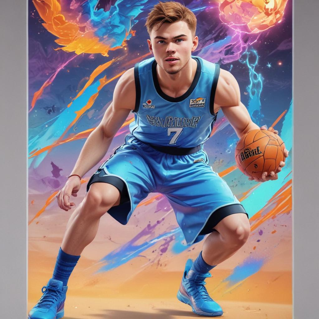 distance-shot, flashy, full-body, dynamic, holographic, animated cartoon poster of luka doncic in the style of dragon ball super