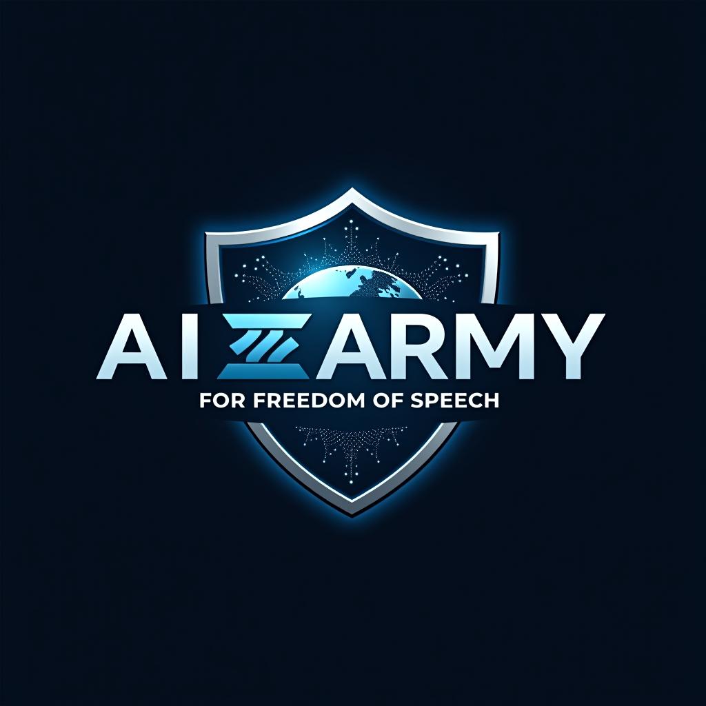  an emblematic logo with the text 'stellary ai army for freedom of speech' displayed prominently. the design should convey a sense of strength, unity, and empowerment. use bold and modern typography for the text. in the background, incorporate subtle elements like a digital shield or a symbolic representation of a global network, emphasizing protection and global reach. the color scheme should include shades of blue and silver to represent trust and technology. the overall style should be clean, professional, and futuristic.