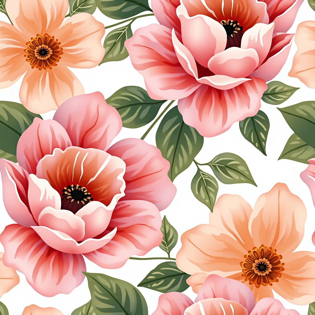  create a seamless digital design featuring a pattern of large, beautiful flowers with soft, watercolor like effects. the flowers should cover the entire surface, creating a bold, elegant, and continuous look. the overall style should be light and airy, with delicate leaves and petals to enhance the natural, floral theme. the design should be seamless to ensure it can be used in repeating patterns or wraps.