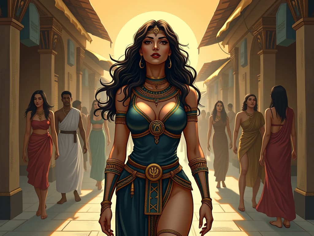  a large busted woman in tight, elegant egyptian attire, walking through a bustling market, seeing beneath the surface, perceiving the world through a lens of multidimensionality, aura of heightened awareness. the style is digital art illustration / modern comic book / mysterious occult, symbolic, esoteric vibe,high detail on character design, incorporating ancient egyptian symbology and attire.