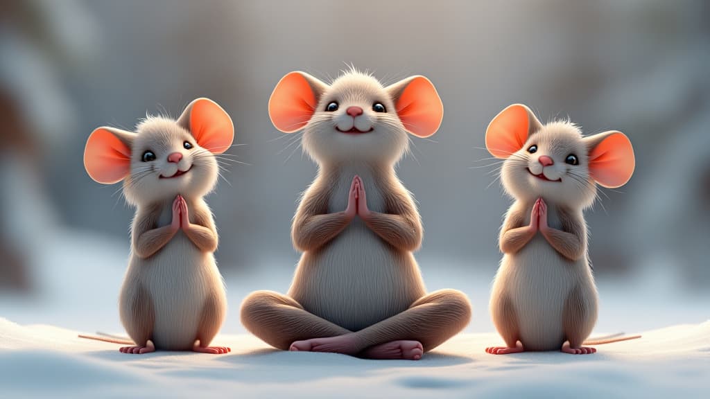  3d joyful friendly cartoon mice on a snowy white canvanamaste yoga meditation by man in white., high quality, high details, hd, perfect composition, 4k epic detailed, highly detailed, sharp focus, high resolution