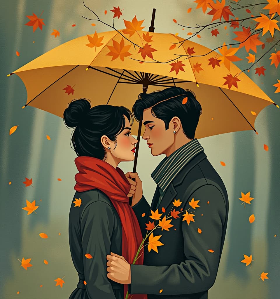  (a pin up masterpiece, multi layered exposition:1.4), depicting (two lovers under an umbrella:1.3) with a surreal image of green, yellow, purple, orange maple leaves on the background of an umbrella by (layering of the composition:1.5). in the hand of a refined, modest girl with an elegant figure (an original bouquet of maple leaves:1.5) and twigs (with clusters of ripe mountain ash:1.5). (the young man gently holds an umbrella:1.6) over a confused companion. cozy warm striped (scarf). a lively illustration with bright accents of autumn, inspired by the works of thomas kincaid and bob ross, conveys the warmth and beauty of autumn with its bright colors and intricate details. soft lighting, (romantic atmosphere conveys the feeling of excitem