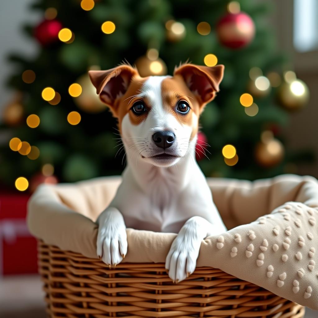  jack russell terrier in a woven basket against the backdrop of a christmas tree.