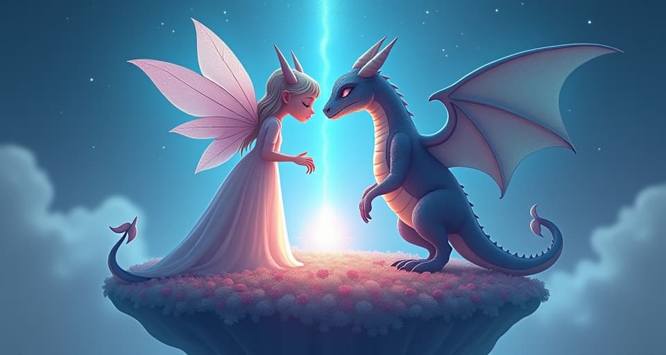  two ethereal beings, a sorrowful fairy and a solemn dragon, their souls intertwined through a radiant, ethereal light. they stand on a floating island covered with bright, magical flora. the background showcases a sky filled with soft, luminous stars. fusion of souls, destined love, ethereal and serene ambience.. the style is digital art illustration,highly detailed, whimsical,magical, dreamlike atmosphere, realism and fantasy blend, smooth, glossy textures,luminous quality, wonder and enchantment.