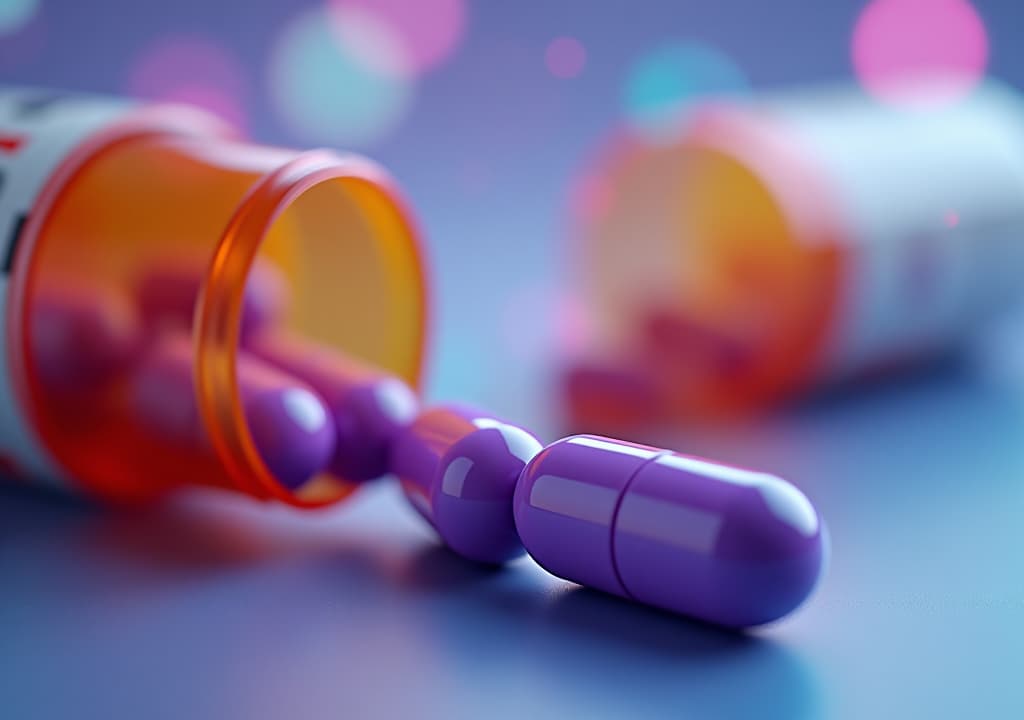  purple and white pill capsules from an open pill bottle, with soft blue and pink bubbles in the air