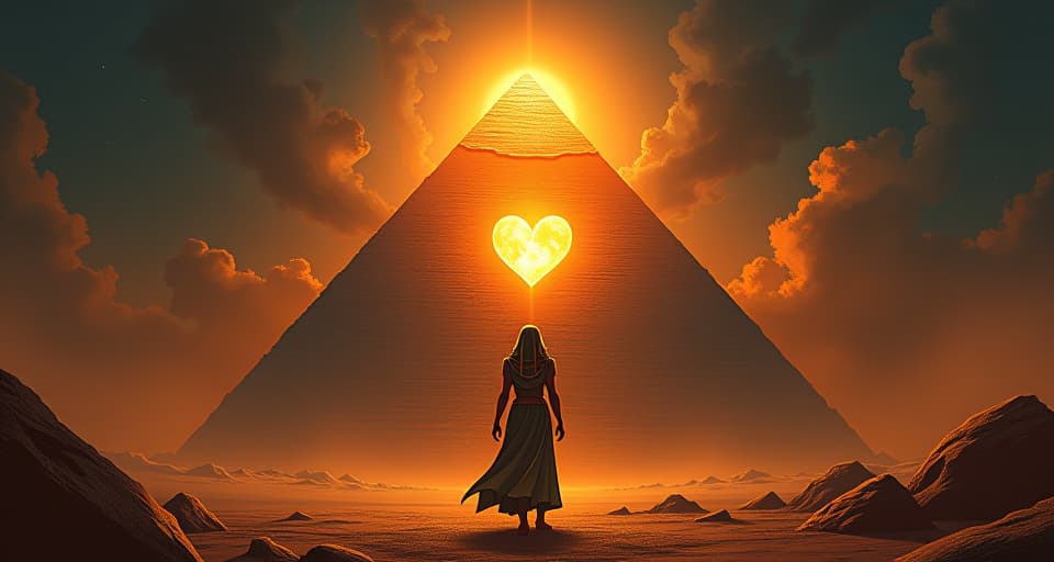  a pyramid's shadow failing to cover a radiant heart, glowing with resilience. the style is digital art illustration / modern comic book / mysterious occult, symbolic, esoteric vibe,high detail on character design, incorporating ancient egyptian symbology and attire.