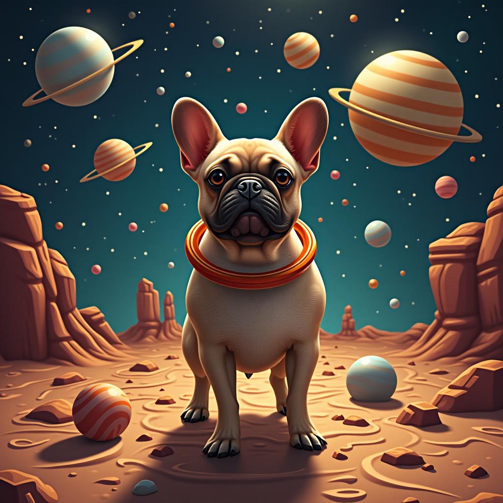  french bulldog in space among planets.