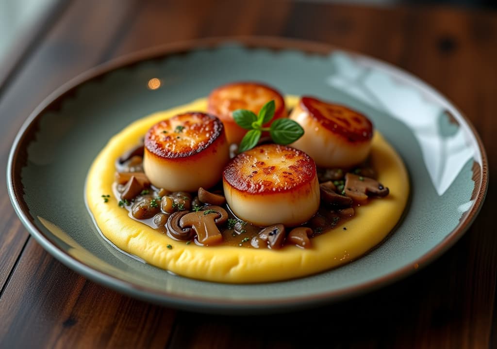  envision a stunning plate featuring creamy golden polenta as a base, topped with three perfectly seared scallops with a caramelized crust. a luscious wild mushroom ragout cascades over the polenta, with visible pieces of shiitake, oyster, and chanterelle mushrooms. the dish is garnished with fresh thyme sprigs and a light drizzle of truffle oil, creating a glistening finish. the plate is set on a dark wooden table with a soft, warm light illuminating the dish, emphasizing its rich textures and colors., in the style of photographic hyperrealistic, full body, detailed clothing, highly detailed, cinematic lighting, stunningly beautiful, intricate, sharp focus, f/1. 8, 85mm, (centered image composition), (professionally color graded), ((bright soft diffused light)), volumetric fog, trending on instagram, trending on tumblr, HDR 4K, 8K