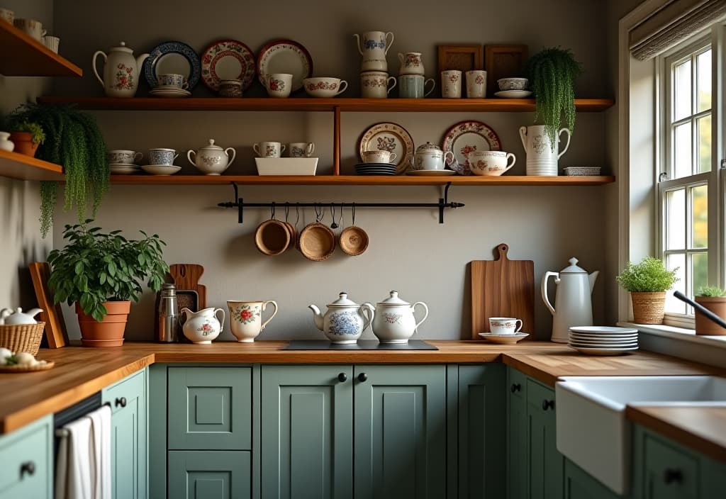  a landscape photo of a cozy cottage kitchen with reclaimed wood open shelving filled with mismatched vintage teacups, floral plates, and a small herb garden, photographed from a slightly elevated angle hyperrealistic, full body, detailed clothing, highly detailed, cinematic lighting, stunningly beautiful, intricate, sharp focus, f/1. 8, 85mm, (centered image composition), (professionally color graded), ((bright soft diffused light)), volumetric fog, trending on instagram, trending on tumblr, HDR 4K, 8K