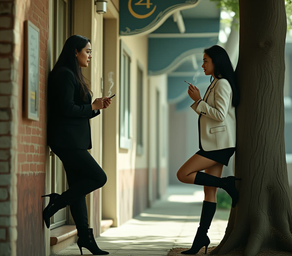  cinematic photo two middle aged women teachers stand outside the with cigarettes, one leaned her leg against the wall, the other stood opposite and leaned her leg against a tree. both with long black hair. one is wearing a black office suit, the other is wearing a white , a short black leather and high heeled leather boots. full height, high detail, side view, 4k . 35mm photograph, film, bokeh, professional, 4k, highly detailed