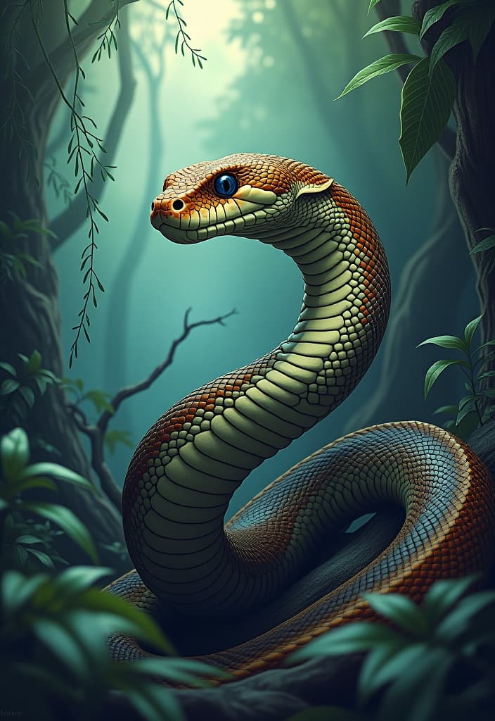  snake, jungle, fantasy illustration, bright colors, quality detail drawing, 16k hyperrealistic, full body, detailed clothing, highly detailed, cinematic lighting, stunningly beautiful, intricate, sharp focus, f/1. 8, 85mm, (centered image composition), (professionally color graded), ((bright soft diffused light)), volumetric fog, trending on instagram, trending on tumblr, HDR 4K, 8K