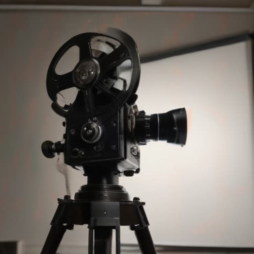 An image of a vintage movie projector projecting a (((film))) on a white screen, dimly lit room, detailed, realistic