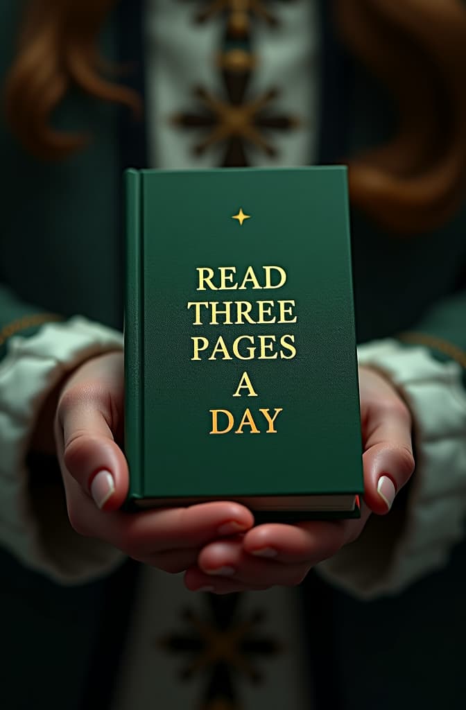  a small green book, which on the cover says the text read three pages a day hyperrealistic, full body, detailed clothing, highly detailed, cinematic lighting, stunningly beautiful, intricate, sharp focus, f/1. 8, 85mm, (centered image composition), (professionally color graded), ((bright soft diffused light)), volumetric fog, trending on instagram, trending on tumblr, HDR 4K, 8K