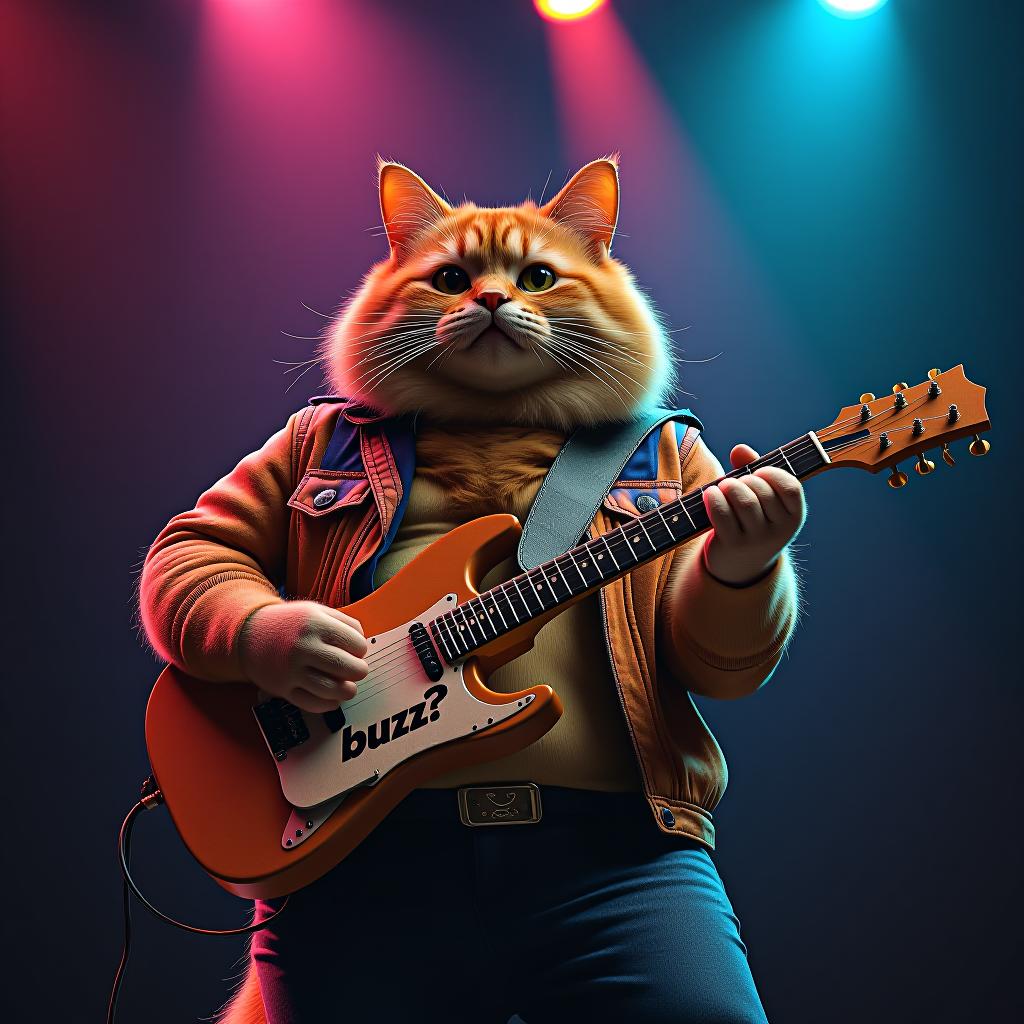  photo of an fat orange tabby cat playing guitar, wearings a 1980s rock band outfit, playing a guitar shaped like a cartoon lightning bolt, with a cardboard sign in front of him that reads "buzz?", atmospheric, dark, alcohol inks, night, rich colours, subtle colours, reflections, glistening, moonlight, backlit, rim lighting, concert stage lighting,