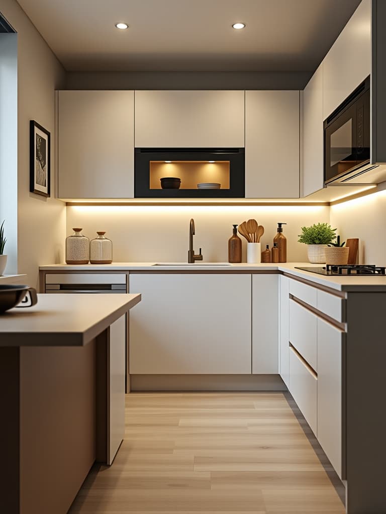  high quality portrait photo of a compact kitchen with sleek, handleless cabinets in light colors, featuring a fold down table and hidden storage solutions, showcasing smart space saving design hyperrealistic, full body, detailed clothing, highly detailed, cinematic lighting, stunningly beautiful, intricate, sharp focus, f/1. 8, 85mm, (centered image composition), (professionally color graded), ((bright soft diffused light)), volumetric fog, trending on instagram, trending on tumblr, HDR 4K, 8K