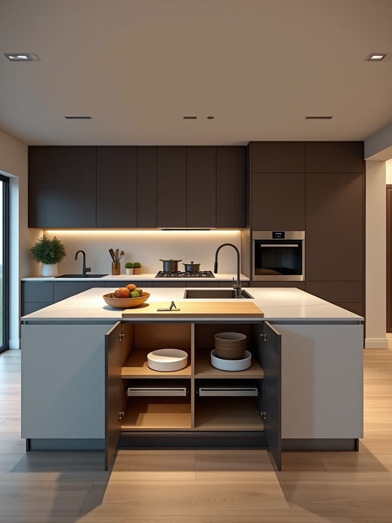  high quality portrait photo of an open concept kitchen with a multi functional island featuring a retractable countertop revealing a hidden prep sink and cutting board, surrounded by minimalist cabinetry with integrated appliances hyperrealistic, full body, detailed clothing, highly detailed, cinematic lighting, stunningly beautiful, intricate, sharp focus, f/1. 8, 85mm, (centered image composition), (professionally color graded), ((bright soft diffused light)), volumetric fog, trending on instagram, trending on tumblr, HDR 4K, 8K